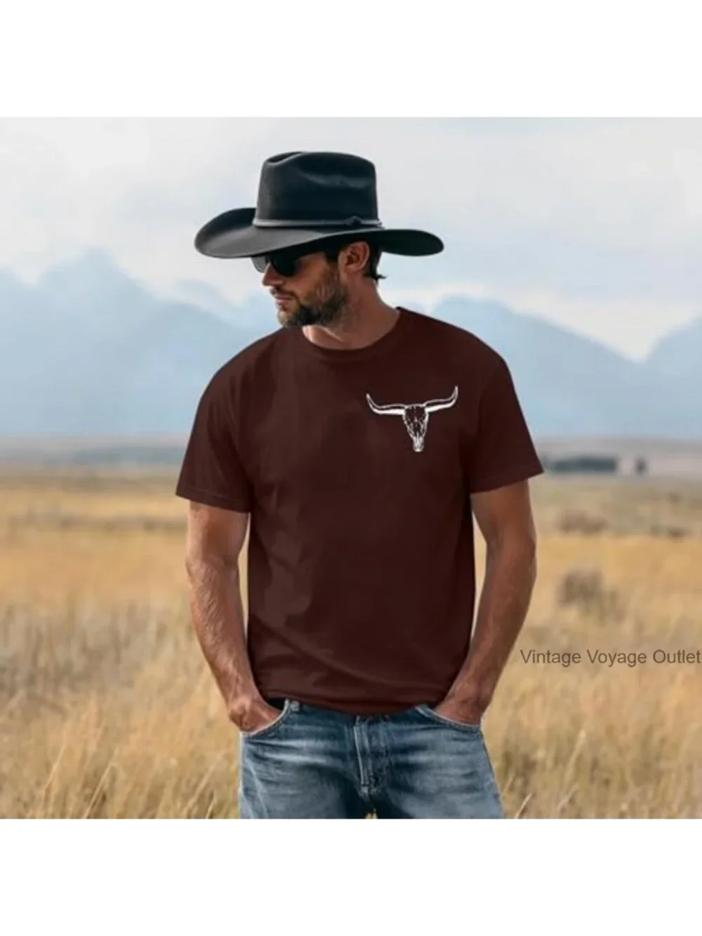 Western Cowboy Graphic Tee Mens Vintage Concert T-Shirt Cotton Blend